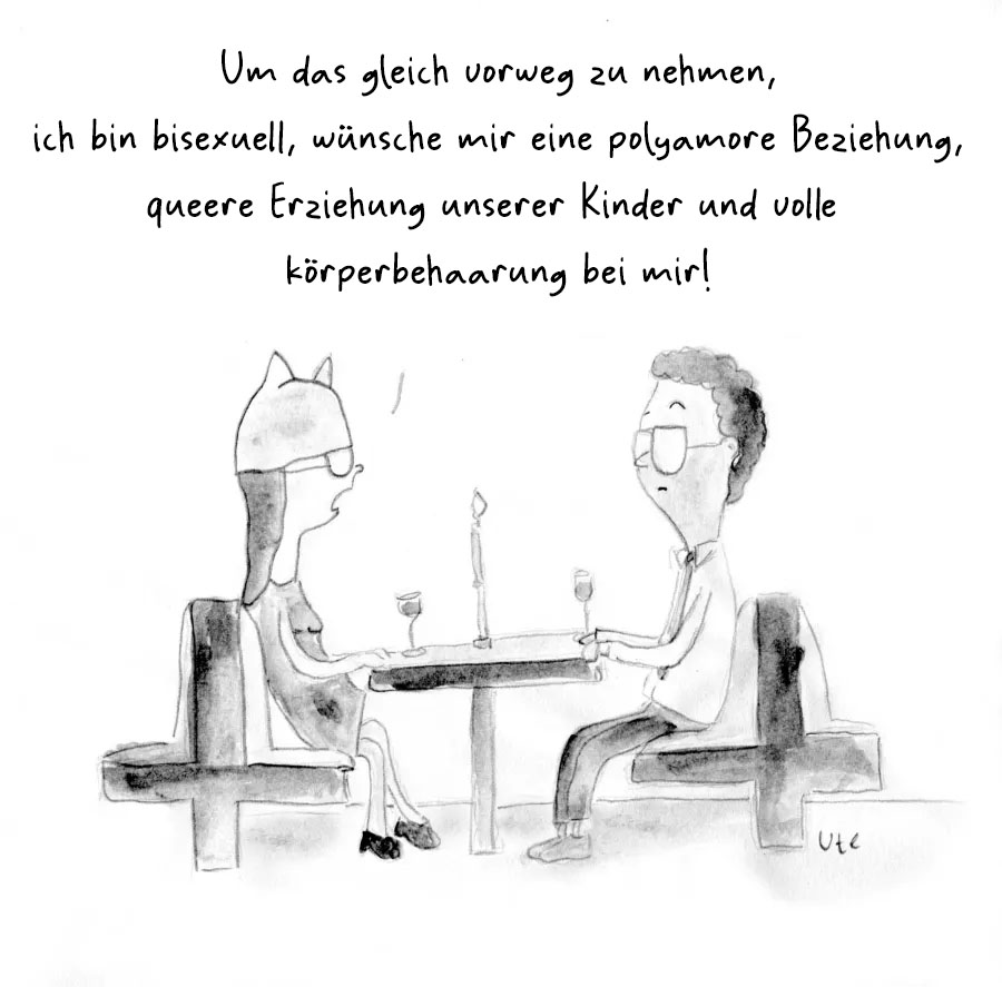 Cartoon, erstes Date einer Feministin von Ute Hamelmann