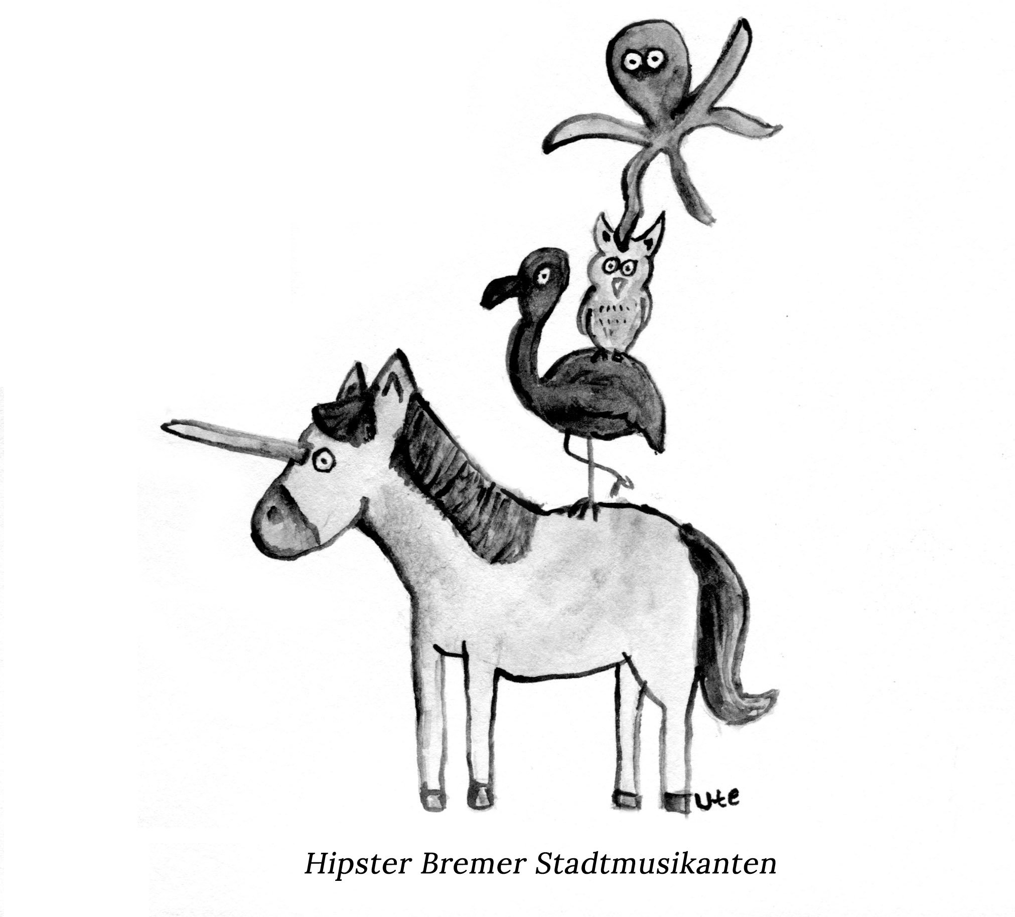 Die Bremer Stadtmusikanten mit Hipster Tieren. Einhorn Flamingo Eule Ostopus