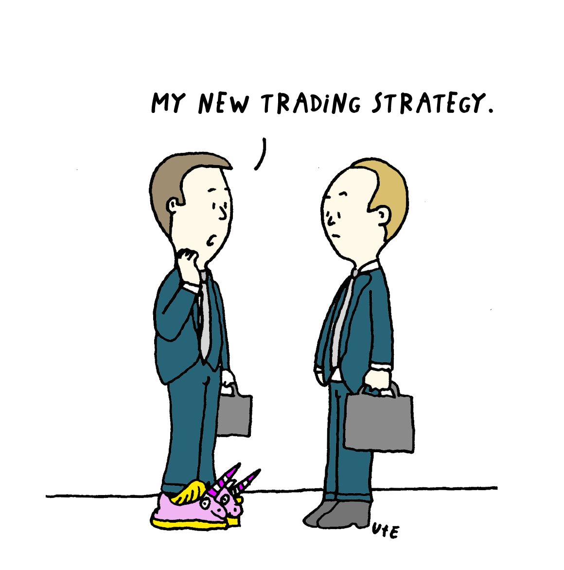 Cartoon Trader wears Unicorn shoes.