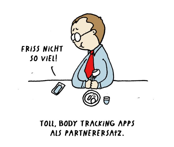 Cartoon Mann isst und wird dabei von seiner App getrackt. Die App sagt: Friss nicht so viel!