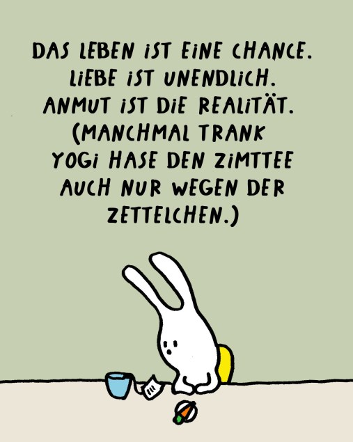Cartoon Yogi Hase grübelt über die Texte auf den Zettelchen von Yogi Zimttee