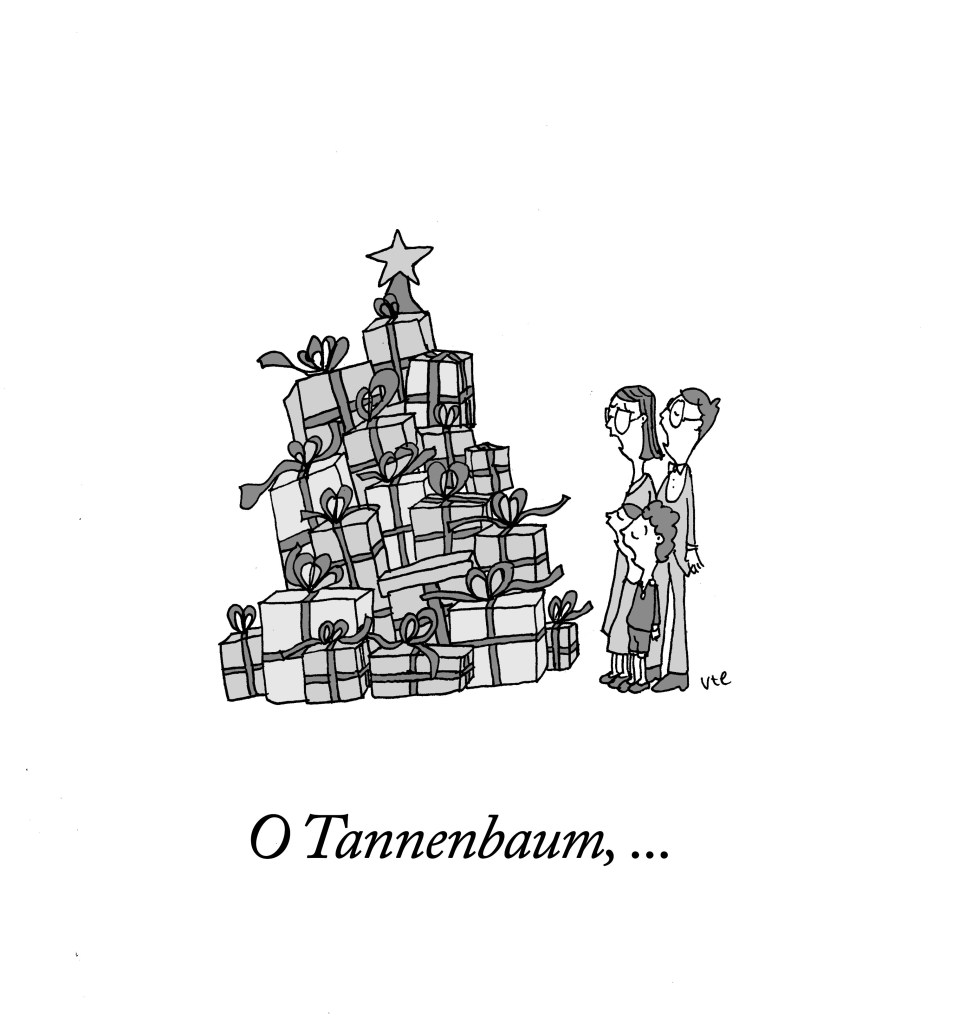 Cartoon Familie vor dem Weihnachtsbaum singt O Tannenbaum
