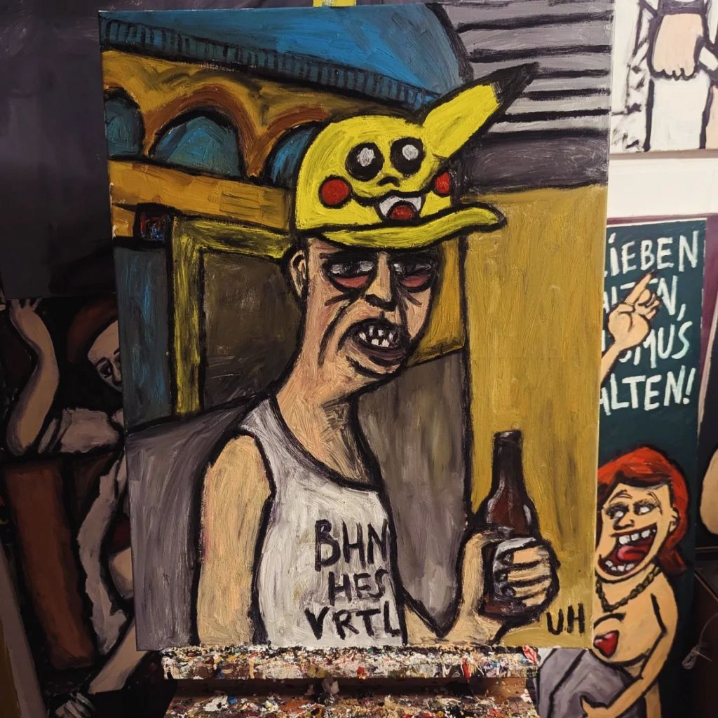 Ute Hamelmann, Oil Painting, Man with broken Pikachu Hat at Frankfurt Central Station.
